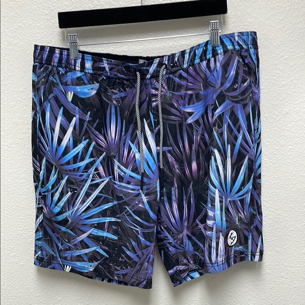 UZZI Men’s XXL Blue and Purple Plant Leaves Tropical Swim Shorts Trunks
